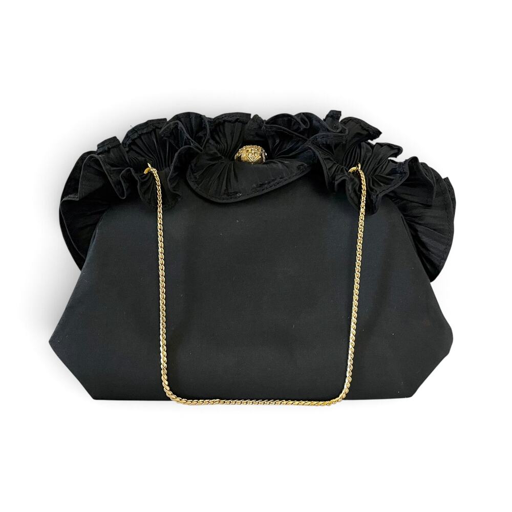 1960s Morris Moskowitz MM Crystal-Encrusted Clasp Black Ruffle Satin Clutch Bag